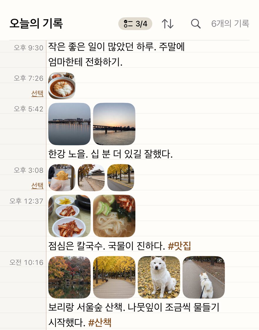 찍은 시각 옆에 사진이 놓이고 그 아래 한 줄 메모가 붙은 기록